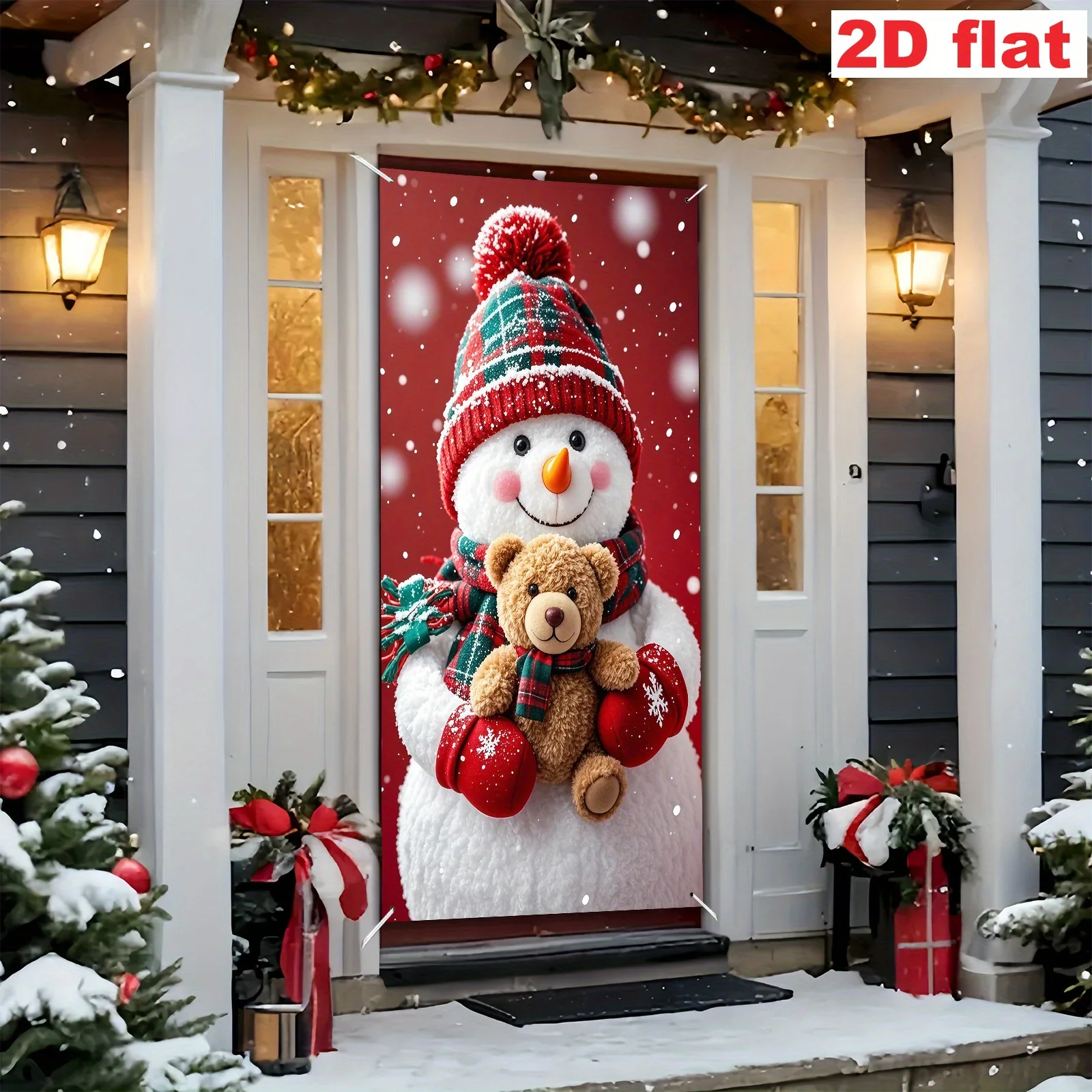 Große Weihnachtsfeier – Schneemann umarmt Teddybär-Dekoration, roter Hintergrund mit Schneeflocken, Weihnachten, Neujahr und Winter
