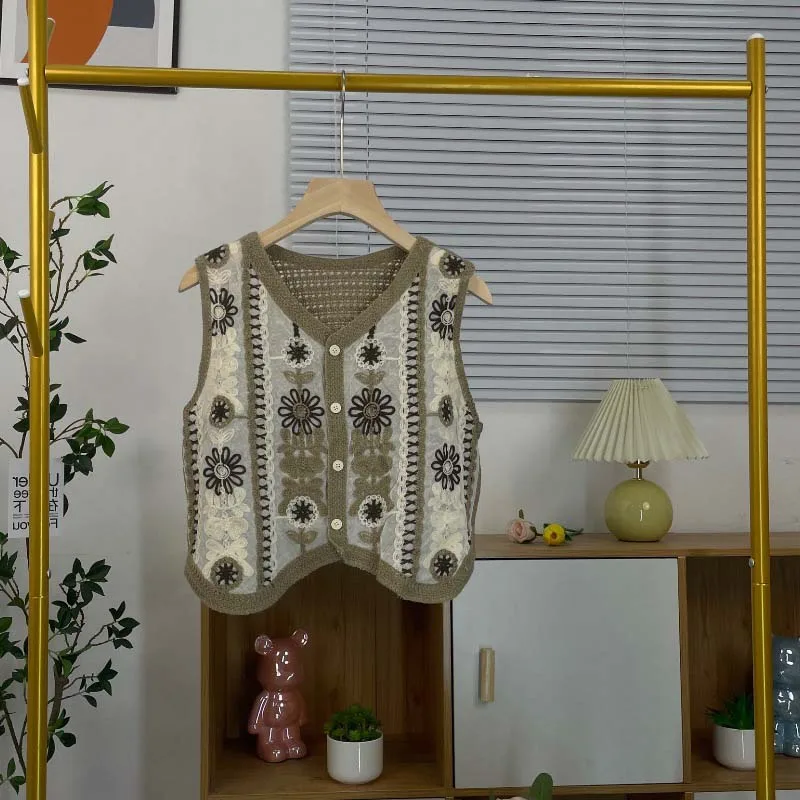 Damska luźna kamizelka z ażurowym wzorem kwiatowym w stylu retro, idealna na lato, uniwersalna, wyszczuplająca, rozpinana kurtka/kardigan/top.