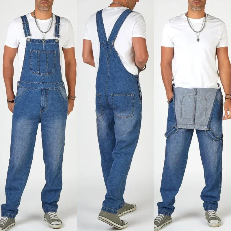 Men Jeans Denim Overalls Jumpsuits Pencil Pants Solid Washing Mid Waist Cargo Pockets One Piece Casual Ankle Length 2025 Ropmer