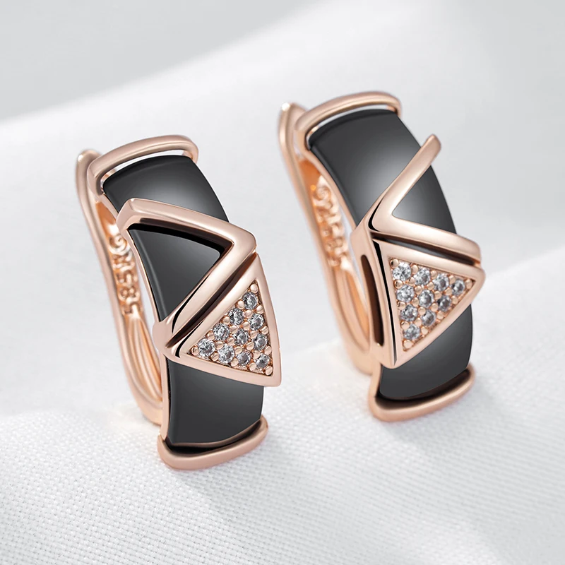 Kinel Hot Black Ceramics Drop Earrings For Women 585 Rose Gold Color Natural Zircon Accessories High Quality Daily Fine Jewelry