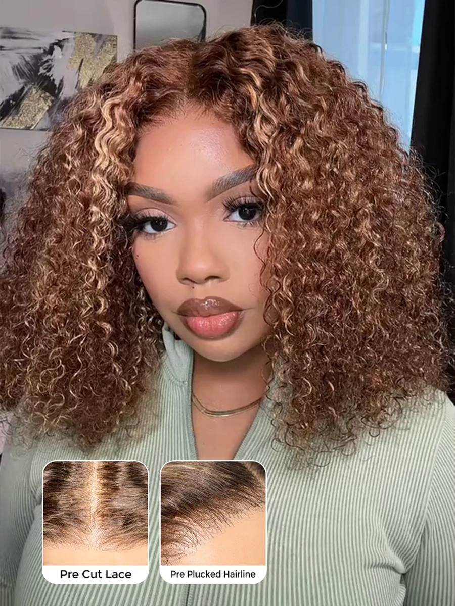 Peruka Bob Krótka Kręcona z Pasemkami Koloru 4/27, Głęboka Fala, Peruka typu Lace Front 5x5, Brazylijskie Włosy 100% Ludzkie, Peruka Bob typu Lace Frontal z Włosami Water Wave