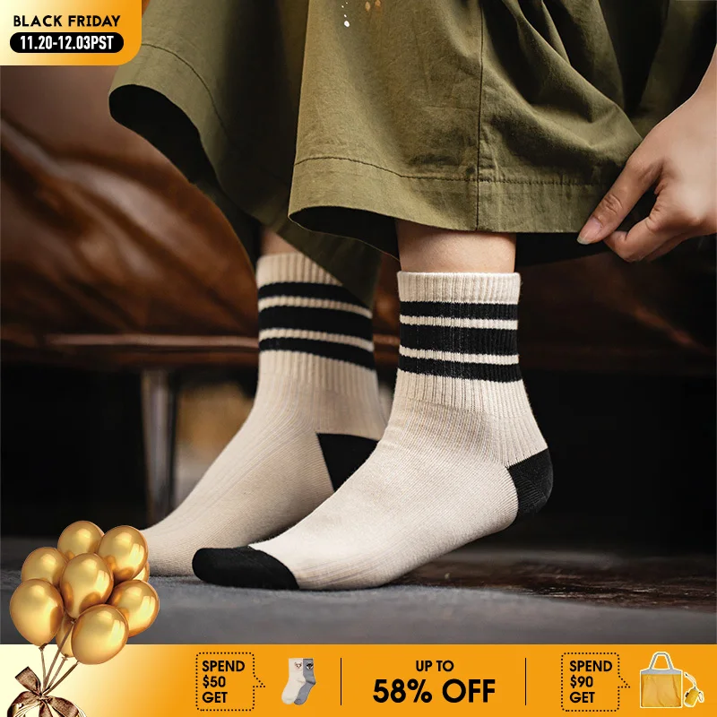 

Maden, 4 пары женских винтажных вязаных носков в полоску, дышащие контрастные влагоотводящие носки, удобные весенние и осенние носки