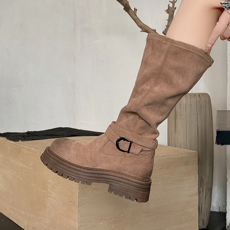 

Women Snow Flats Platform Boots Suede Mid-Calf Shoes Woman 2024 Trend New Casual Motorcycle Boots Designer Autumn Female Zapatos