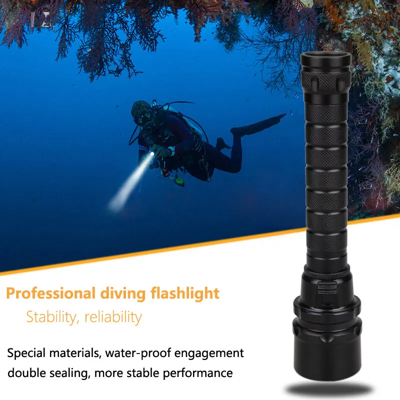 Underwater 100 Meter Diving Flashlight White/UV Light LED Diving Torch Powered by 2 pcs 18650 Battery with Hand Rope