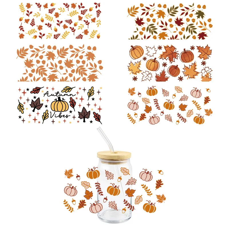 Full Maple Leaves Pumpkin UV DTF Wrap Transfer Stickers Oranger Design Waterproof Wrap For Glasses Cups Bottles Decal