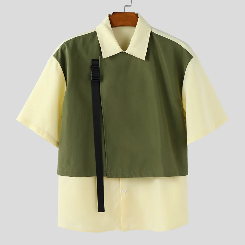 INCERUN الرجال قميص المرقعة التلبيب نصف كم ملابس الرجال غير رسمية فضفاضة الشارع الشهير الكورية نمط بلوزات على الموضة الذكور القمصان S-5XL