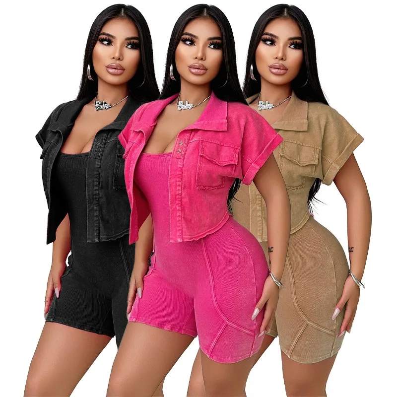 

Fitness Women 2 Piece Set Solid Short Sleeve Crop Coat Skinny Biker Playsuits Matching Set 2025 Summer Streetwear Slim Tracksuit