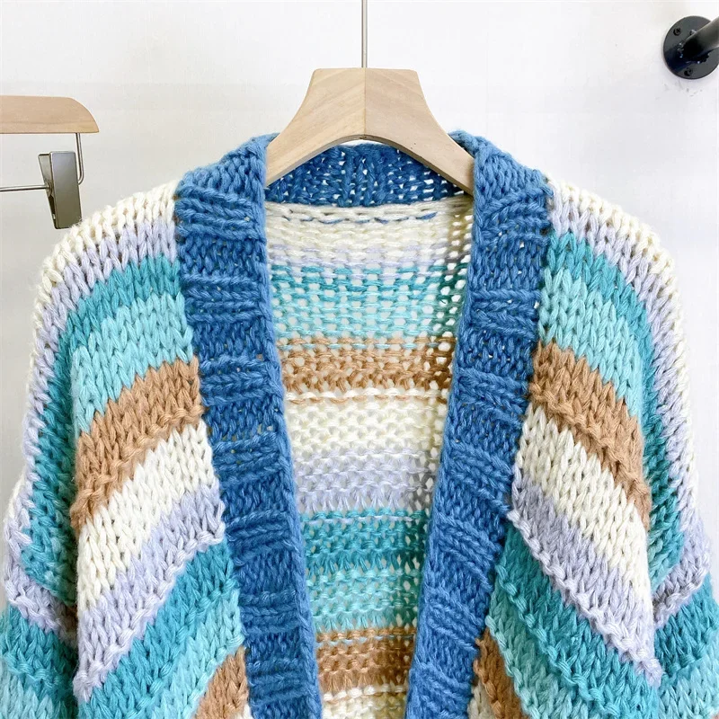 Women Striped Color-block Handmade Chunky Cardigan 2023 Autumn Winter Knit Top Women Clothes