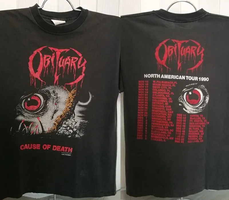 Remake Obituary Cause Of Death 90s Basic Black 2 sided Tour 1990 T shirt NH25547