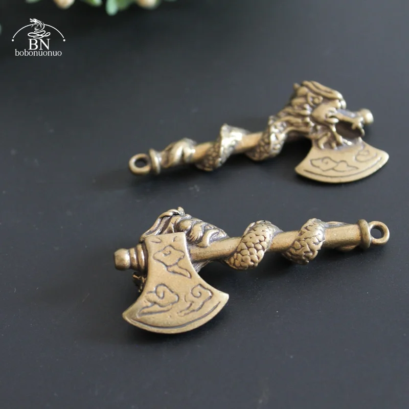 Antique Copper Chinese Ancient Dragon Head Axe Artifact Blessing Feng Shui Ornament Brass Figurines Desk Decoration Keychain Pen