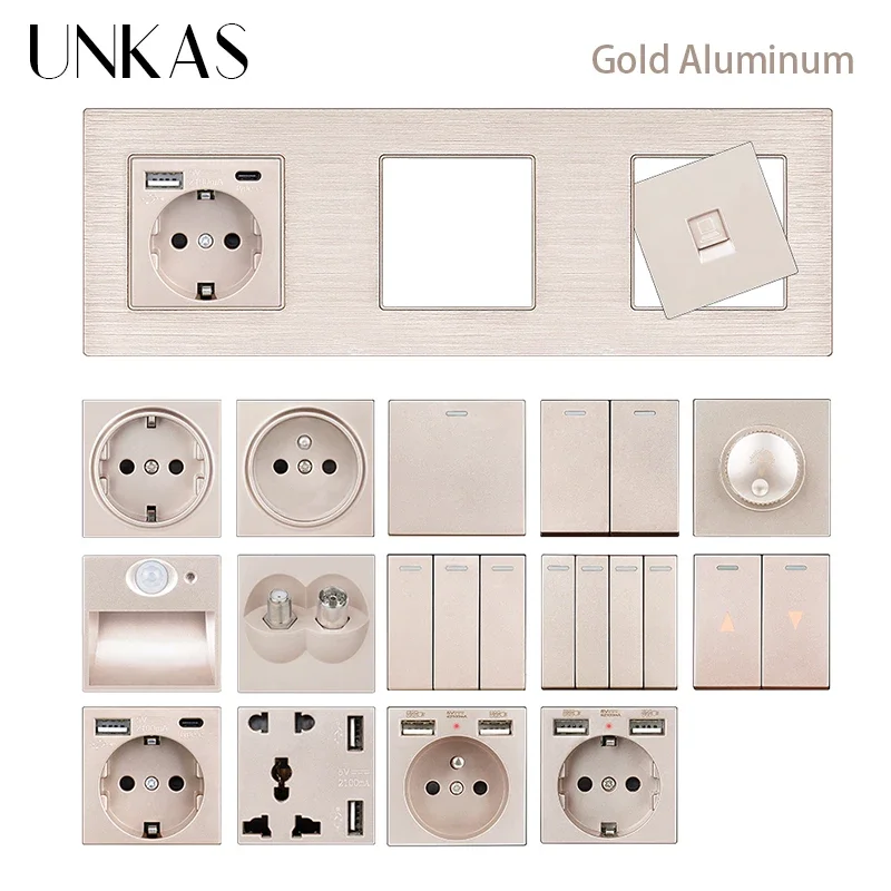 

UNKAS Золотая алюминиевая панель, комбинированная бесплатная розетка для французского ЕС, одинаковые кровати «сделай сам», двойной USB-вентилятор, диммер, универсальный дверной звонок
