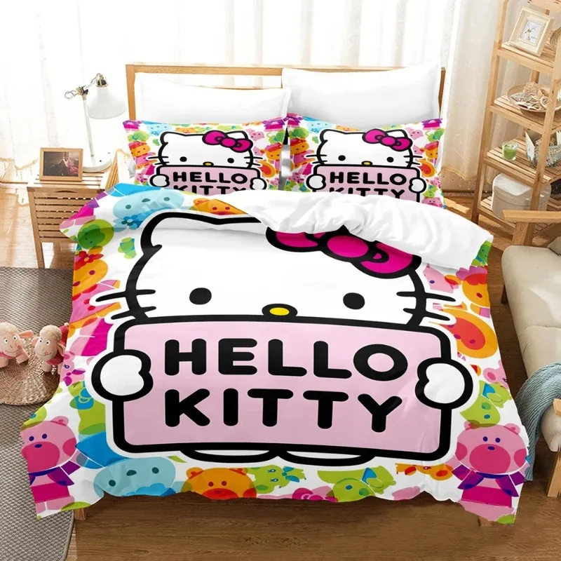 

Горячий Sanrio Hello Kitty креативный комплект постельного белья с героями мультфильмов, полиэстер с красочным принтом, простыня для общежития, пододеяльник