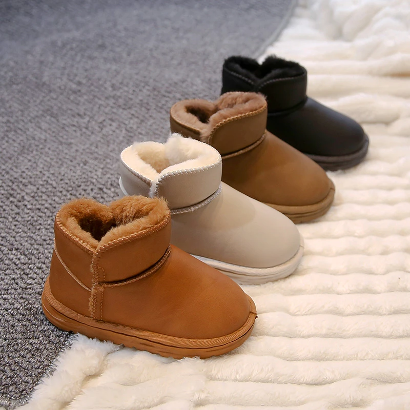 

2025 Winter Children Snow Boots Boys Girls Soft Warm Short Boots Fashion Thickened Plush Hook Loop Little Kids Cotton Shoes