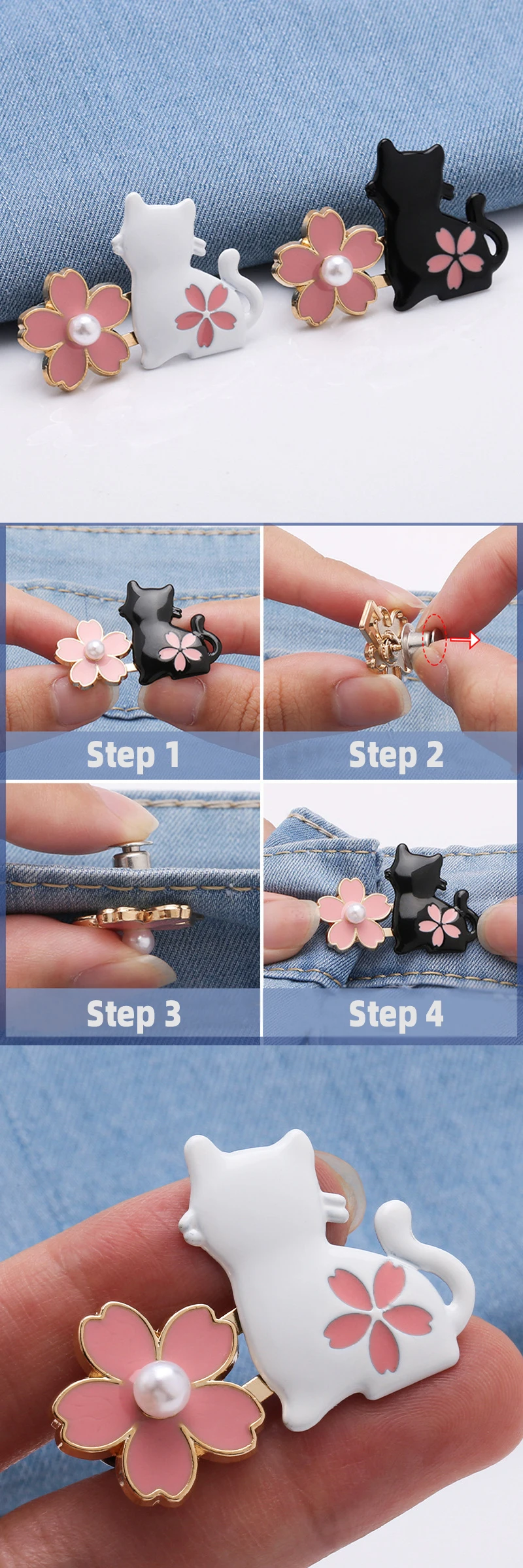 1 Pair No Sewing Adjustable Waist Clips Sakura Cat Trousers Waist Buckles for Jeans Pants Skirts Fit Reduce Waist Snap Button