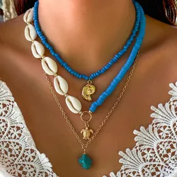 Multilayer Personality Blue Irregular Natural Stone Pendant Sea Turtles Necklace Small Conch Beads Handmade Wove Choker Jewelry
