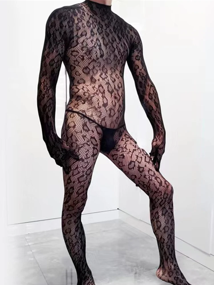 Fishnet Men Sexy Mesh Bodystocking Leopard Transparent Male Underwear Backless Lingerie Bodysuit Underwear Male Underwear