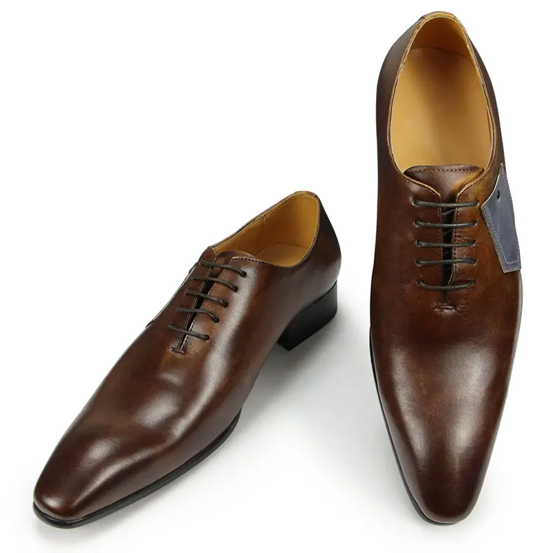 Luxury Wedding Business Leather Shoes Italian Mens Formal Oxfords Genuine Leather Shoes Pointed Toe Lace-up Shoes Black Coffee