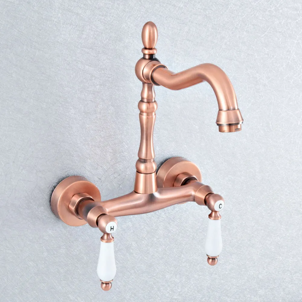 

Antique Red Copper Brass Wall Mounted Kitchen Wet Bar Bathroom Vessel Basin Sink Hot Cold Mixer Tap Swivel Spout Faucet msf902