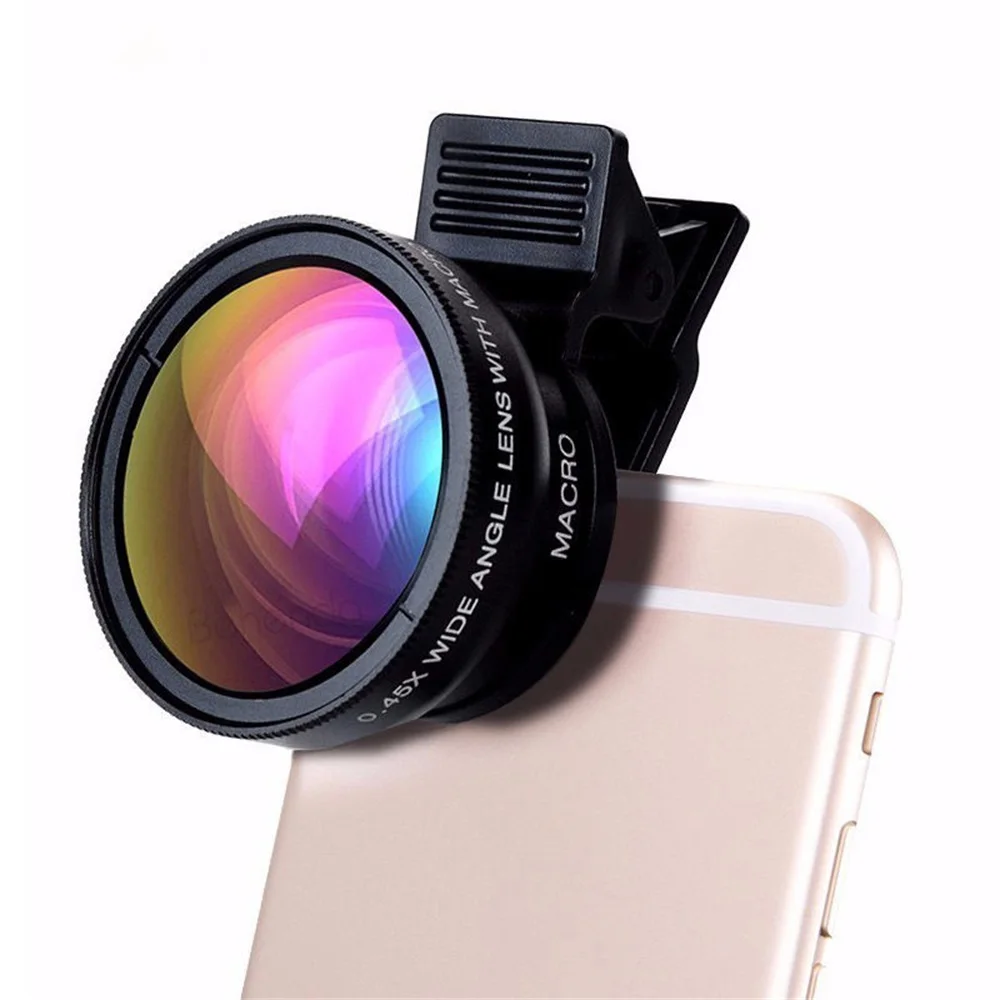 2 In 1 Clip-on Fish Eye Magnifiers Professional Mobile Phone Camera Lenses 15X Macro 0.45X Super Wide Angle Lens