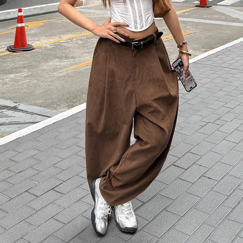 OMSJ automne hiver marron velours côtelé pantalon pour femmes Style de rue loisirs Vintage taille haute coupe ample confort jambes larges pantalon