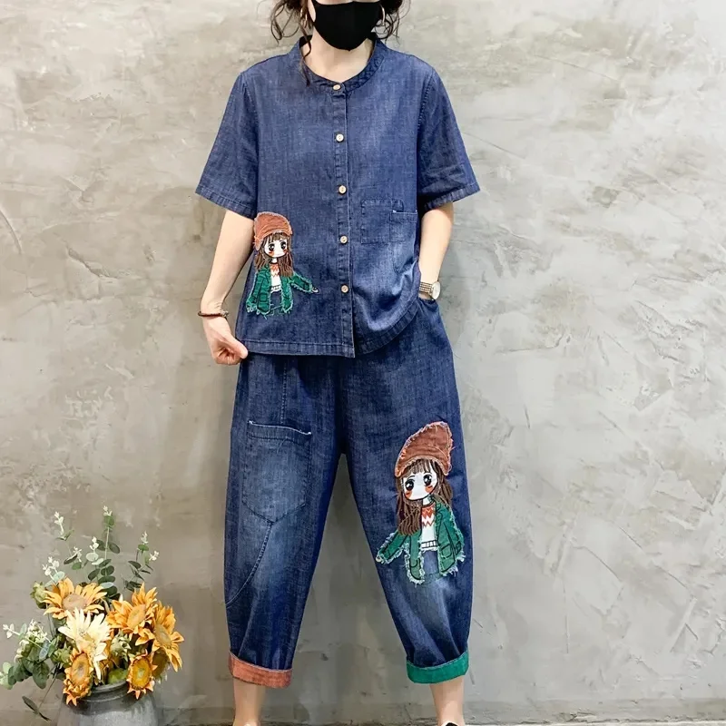 2023 Spring/Summer New Women\'s Denim Shirt Two Piece Casual Short Sleeve Top Harlan Dad Pants Set Female M137