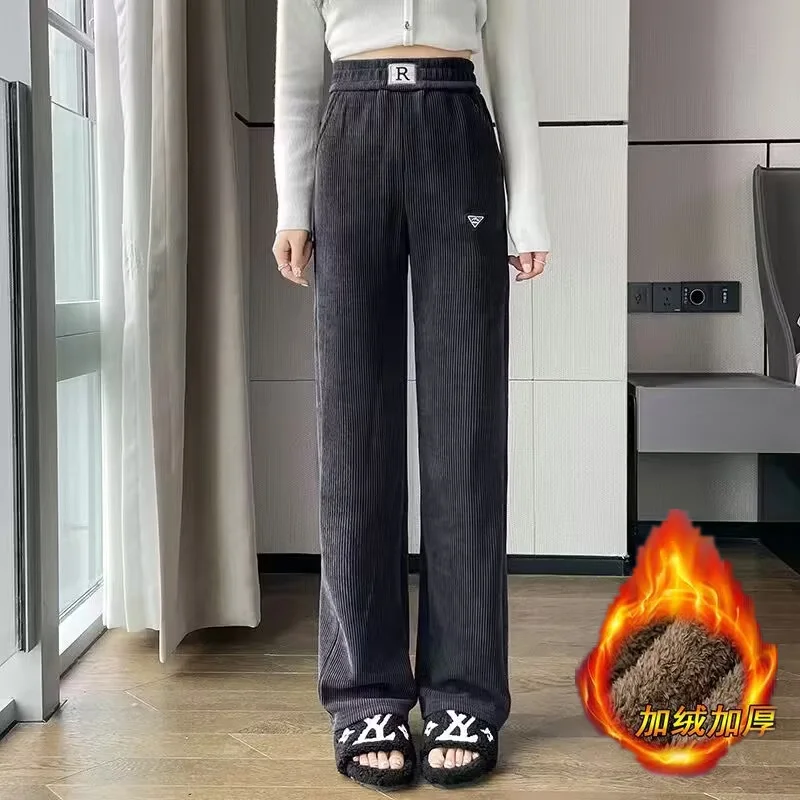 Women Clothes Vintage Casual Streetwear High Waist Pants Autumn Winter Trendy Appliques Pockets Plush Thick Trousers Pantalones