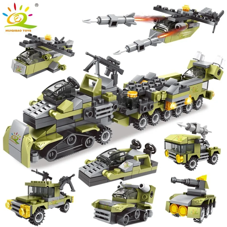 

Military 296PCS 6IN1 WW2 Soldier Truck Building Block Army Weapon Tank Car Helicopter Figures Bricks Set Children Toys HQB015