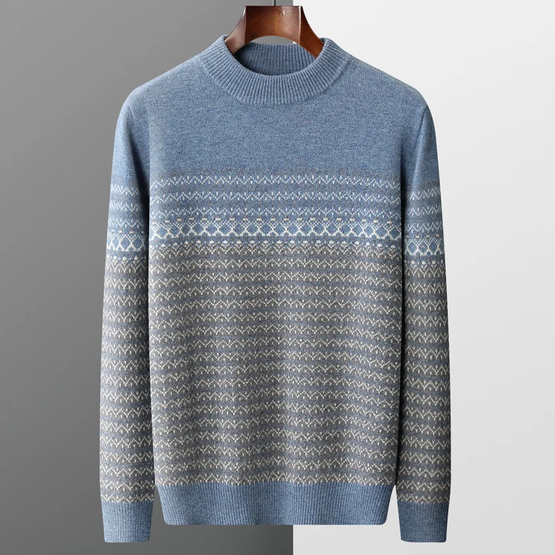 Pull en tricot jacquard à col mi-haut pour hommes, pull à manches longues, 100 laine pure, haut décontracté épaissi, automne, hiver, nouveau