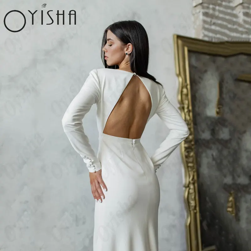 OYISHA colher mangas compridas vestidos de casamento requintado cetim sereia backless simples vestidos de noiva charmoso sexy vestido de mariagesOYISHA Scoop mangas compridas Vestidos de casamento Exquisite Satin Serei