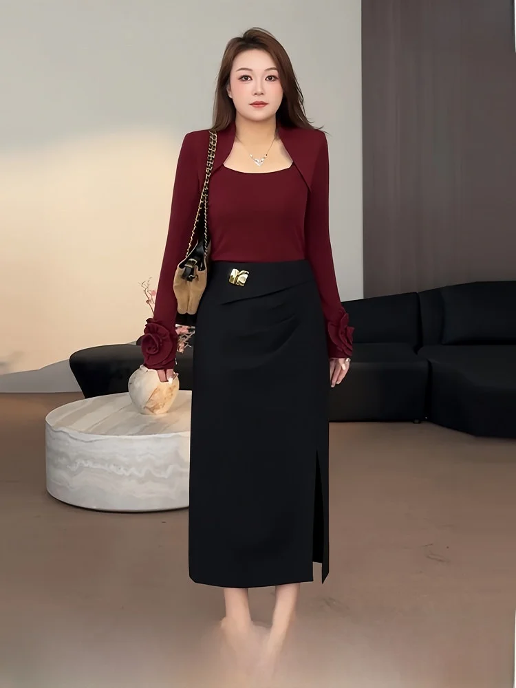 

Вязаный комплект из двух предметов: топ и юбка А-силуэта с высокой талией, большие размеры, весенняя мода для женщин