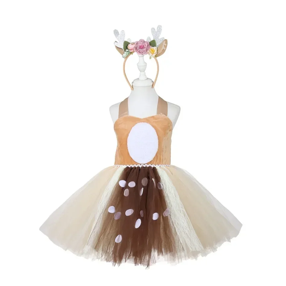 Toddler Elk Kids Dress Cute Fawn Fairy Children Day Show Costume Christmas Party Princess Dress with Headband Girls Santa Dress