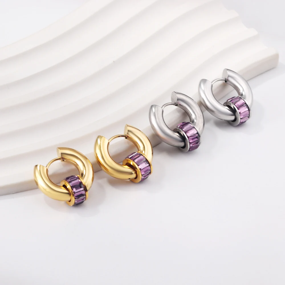 Pendientes de aro de círculo redondo con circonita cúbica de acero inoxidable, joyería Vintage sin decoloración, color morado, blanco y verde, 1 par
