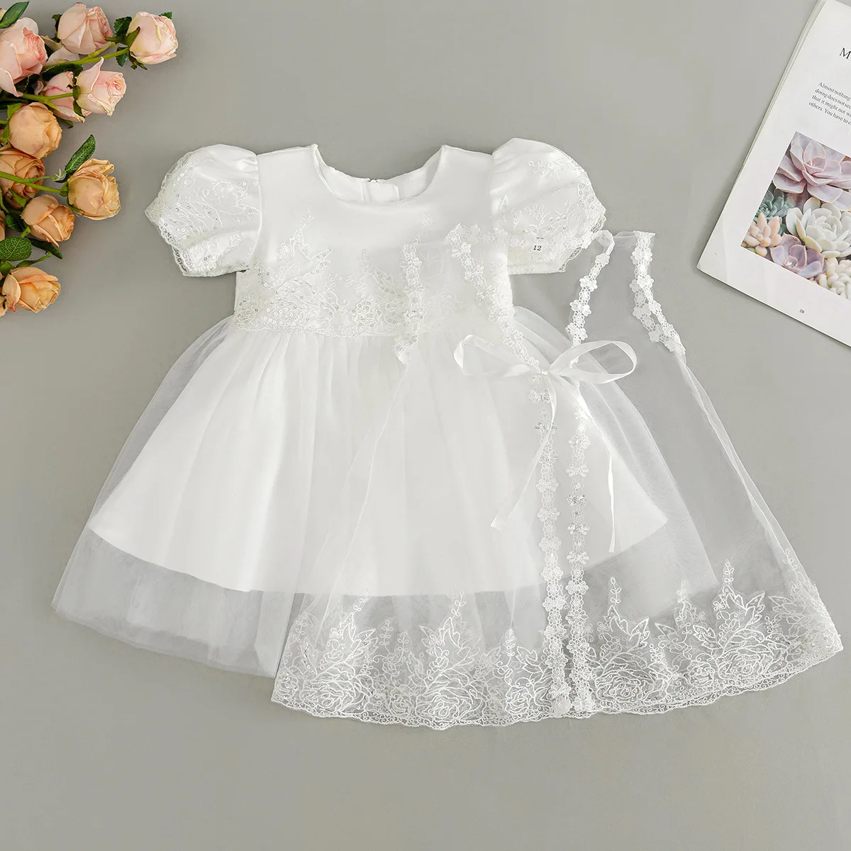 HETISO Baby Girl Dress with Lace Shawl Embroidery Flower Toddler Christening Gown Kids Formal Communion Frocks Newborn 1 2 Years