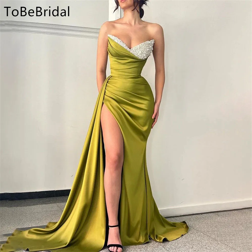 

Luxury Evening Dresses 2024 Glitter Mermaid V-Neck Pleats Sexy High Side Slit Prom Dress Off Shoulder Satin vestidos de gala