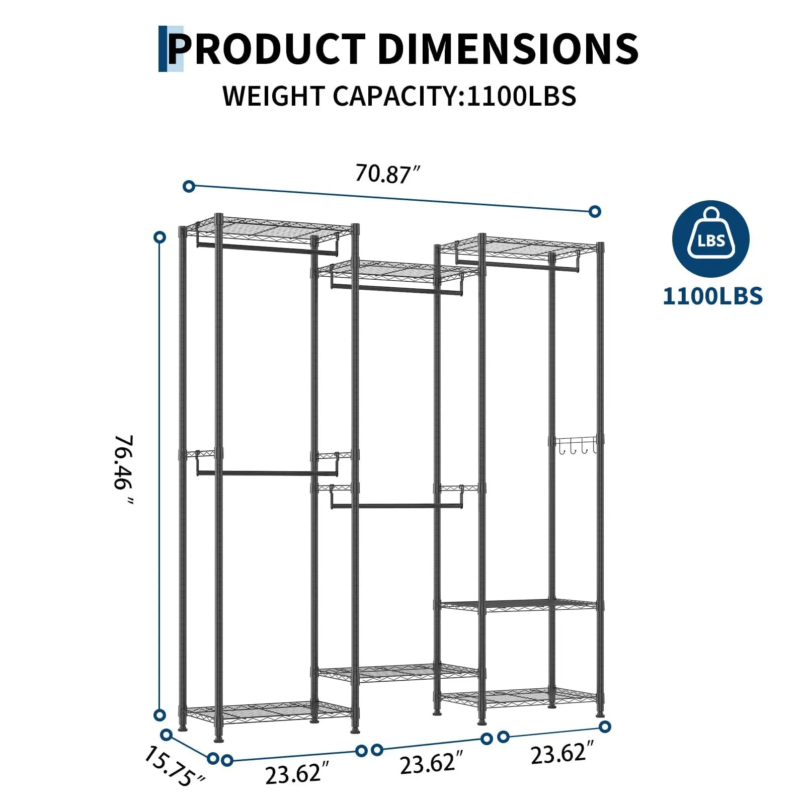Metal Closet Wardrobe Rack with Cover 1100LBS Clothes Organizer | Heavy Duty Frame, Adjustable Shelves, Dustproof Cover, Hanging Rods