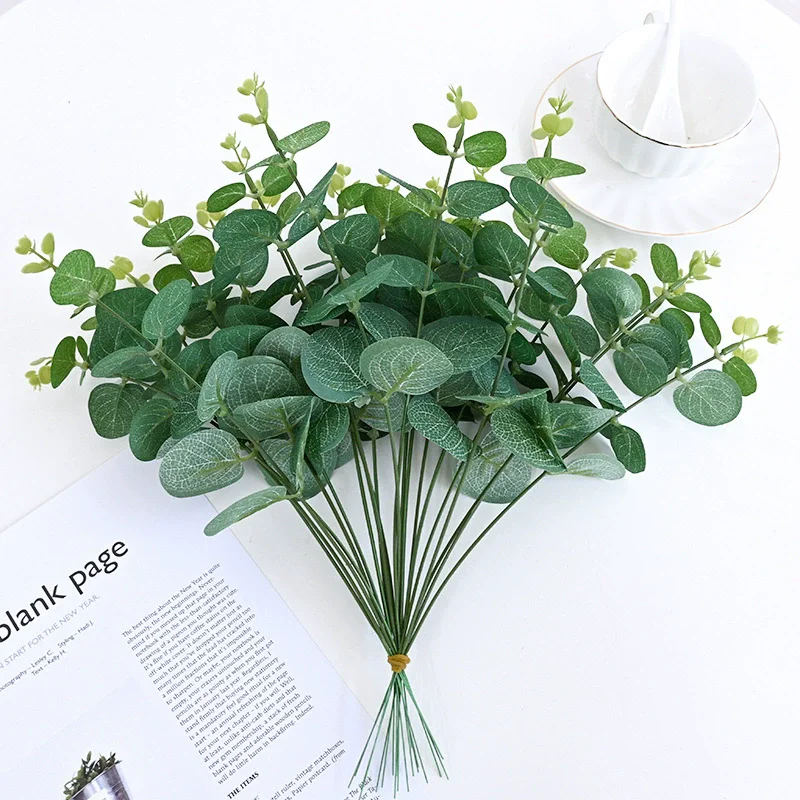 10 Uds. De hojas de eucalipto, plantas artificiales de plástico, hojas, rama, tallos verdes, flores falsas para boda, decoración DIY para pastel