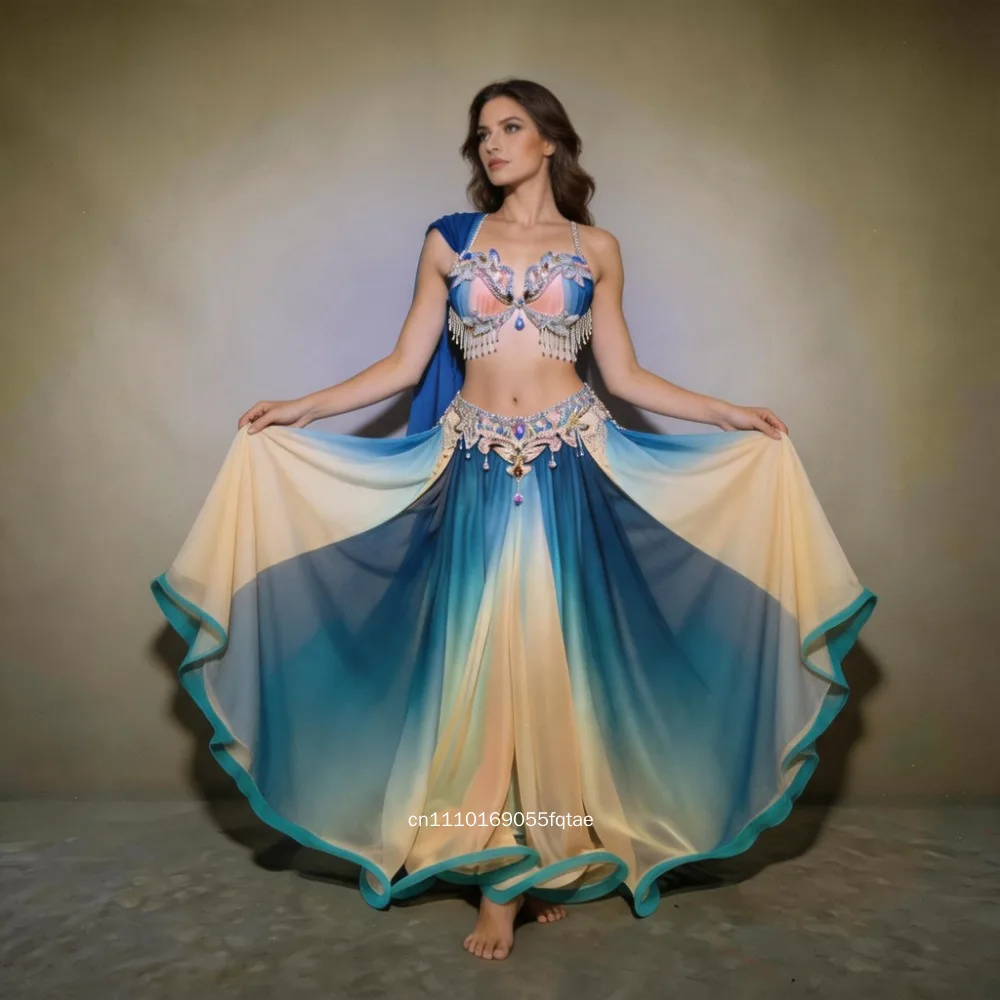 Women Original Gradient Belly Dance Costume Flowy Big Swing Skirt Oriental Dance Outfit Professional Stage Performance Suit