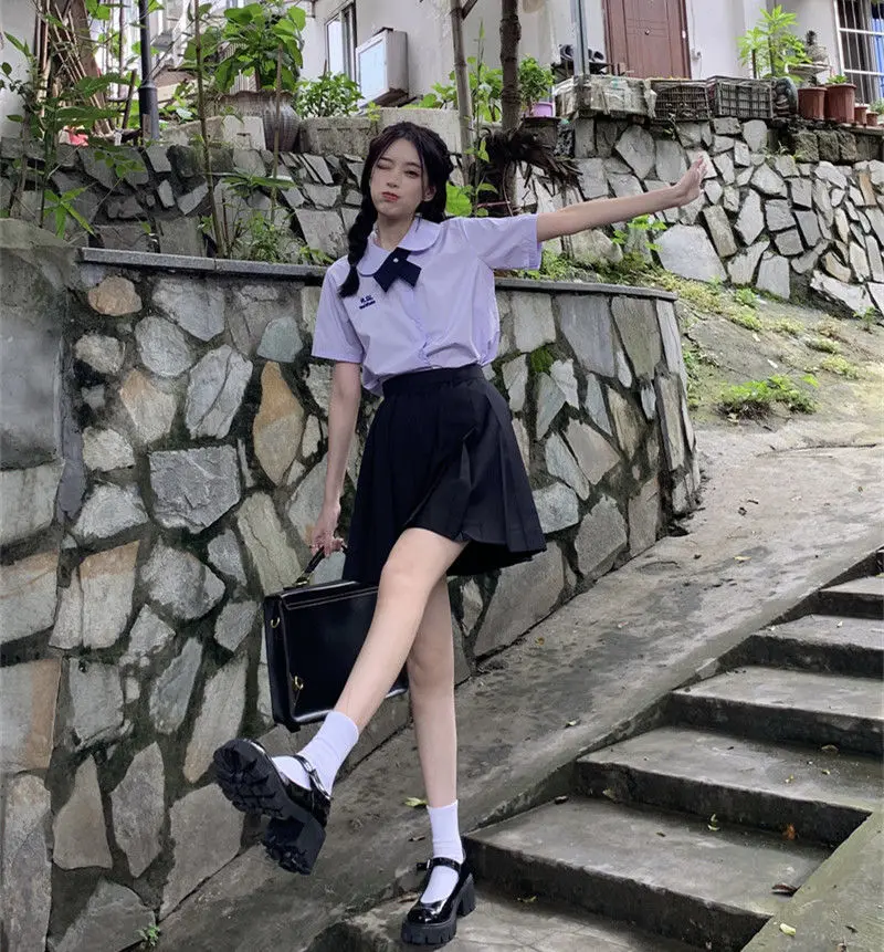 

ort Sve Embroidered irt Skirt Set School orm Sle for Girls Summer Faion Polyester Blend Comfortable Fit