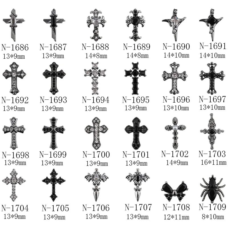 

5pcs/lot nail charms dark style zircon nail ornaments butterfly gun black cross spider diamond ornament nails accessories