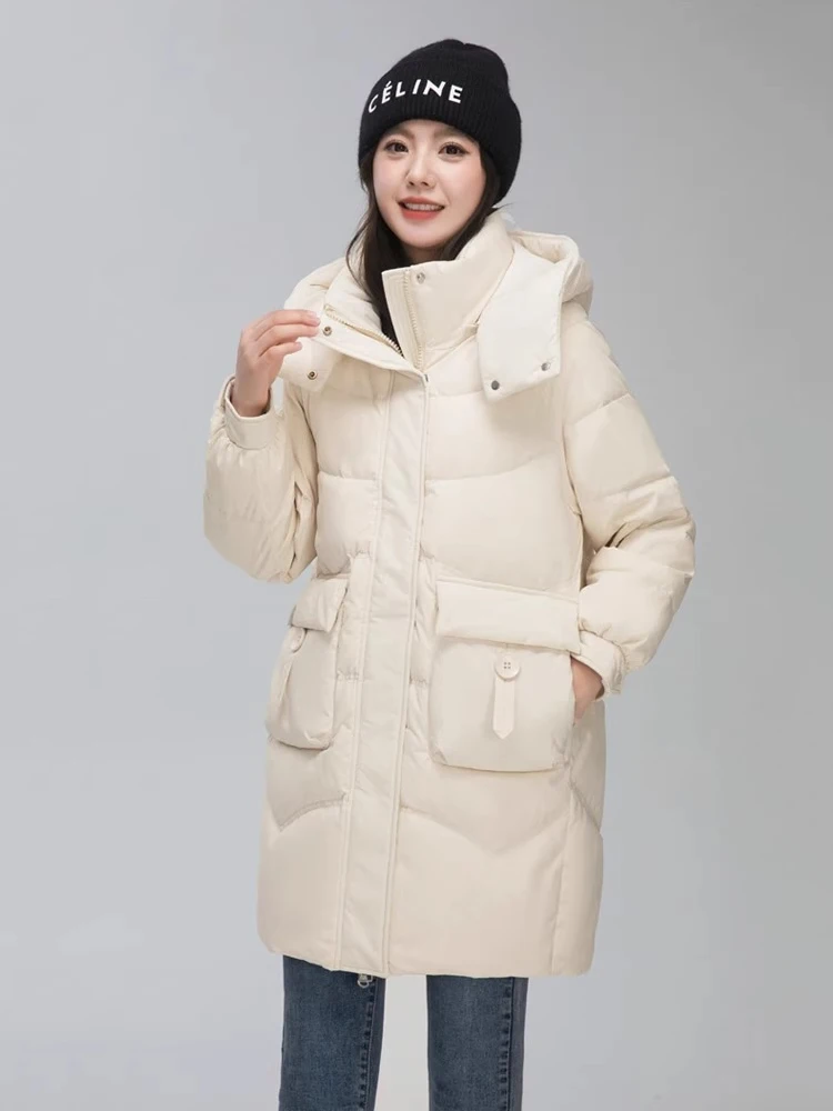 Chaqueta de plumón de longitud media con capucha de invierno impermeable con bolsillo grande Parker prendas de vestir para mujer chaquetas de plumón con cremallera de pato blanco JJ1110