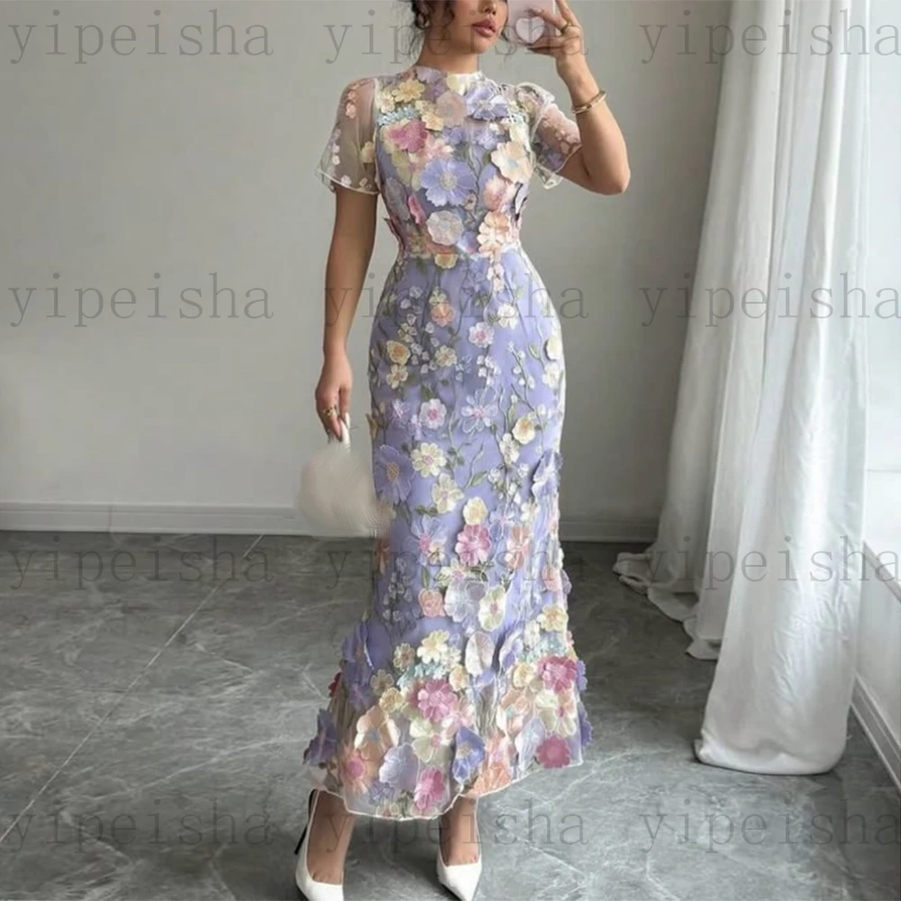 فساتين سهرة ميدي برقبة عالية مخصصة بأكمام قصيرة ثلاثية الأبعاد مزينة بالدانتيل بطول الشاي حورية البحر فستان حفلات رسمي فستان حفلات حديث