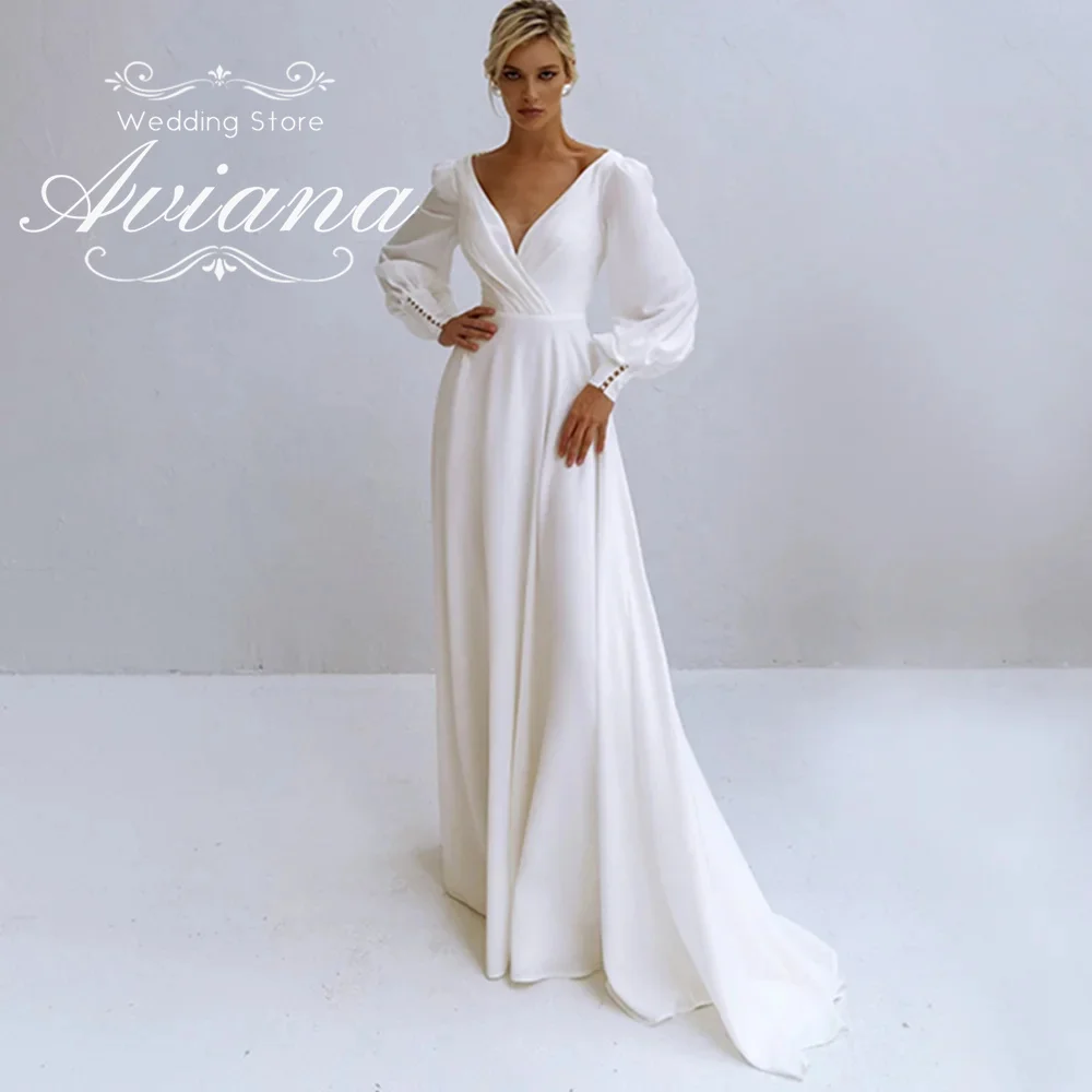 Aviana Customized V-Neck A-Line Charming Wedding Dress Full Sleeve Sweep Train Backless New Design Ruffles Lantern Sleeve 2025
