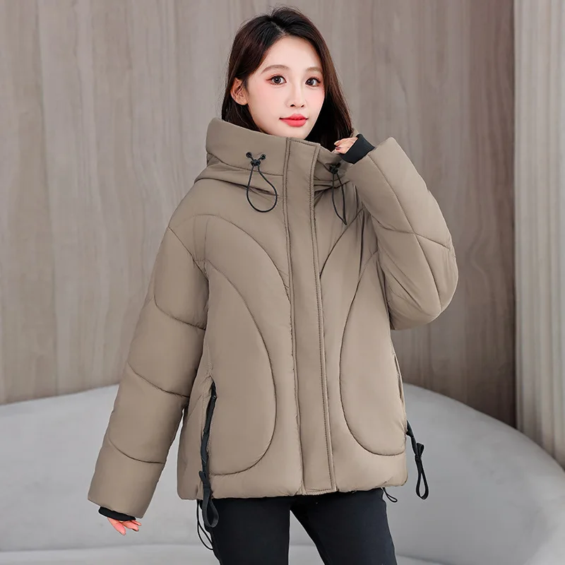 

Корейские модные повседневные пуховые пальто с капюшоном, новинка зимы 2025, свободные женские куртки с хлопковой подкладкой на молнии, плотная теплая верхняя одежда для женщин
