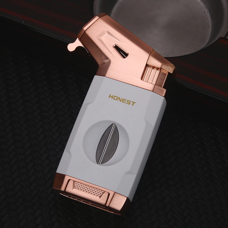 Inflatable windproof wood grain cigar lighter with high firepower and high-pressure direct flame V-shaped cigar cutter Cross bor