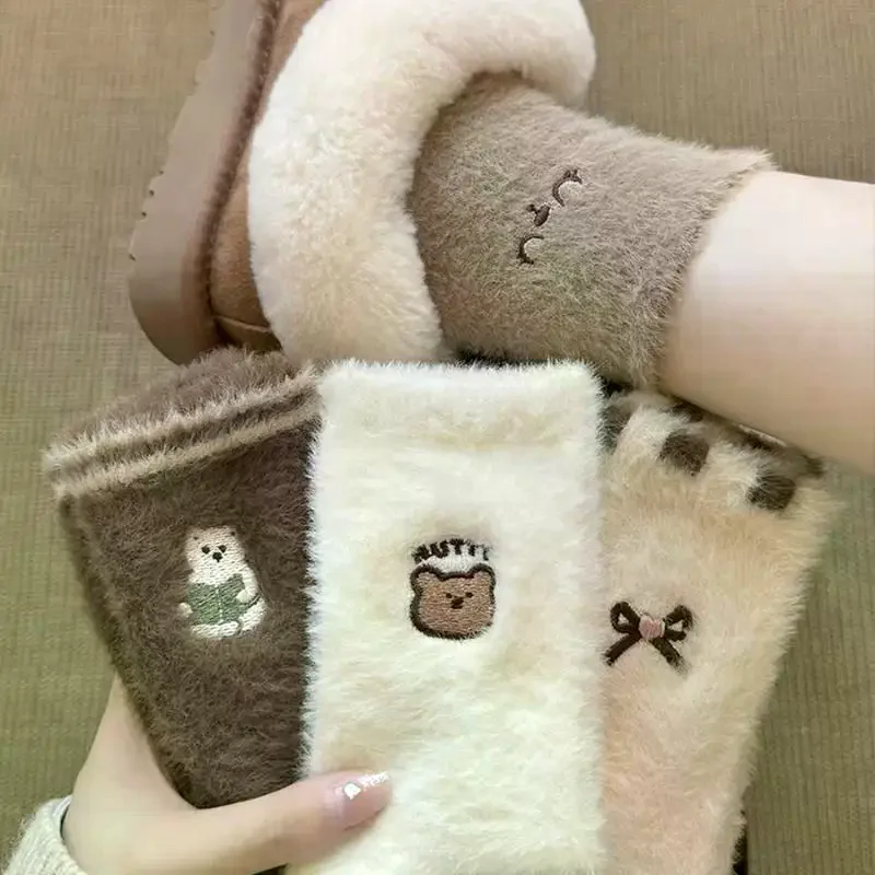 【Новинка】1-4-пары-осенне-зимних-женских-толстых-и-теплых-носков-с-рисунком-медведя-и-банта-подходящих-для-домашней-одежды