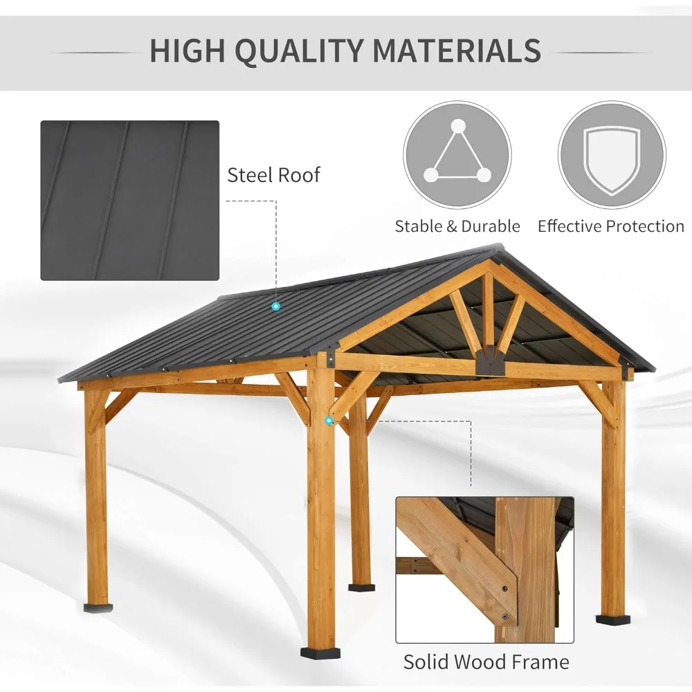 11' x 13' Hardtop Gazebo with Galvanized Steel Roof, Wooden Frame,  with Ceiling Hook Permanent Pavilion Outdoor Gazebo