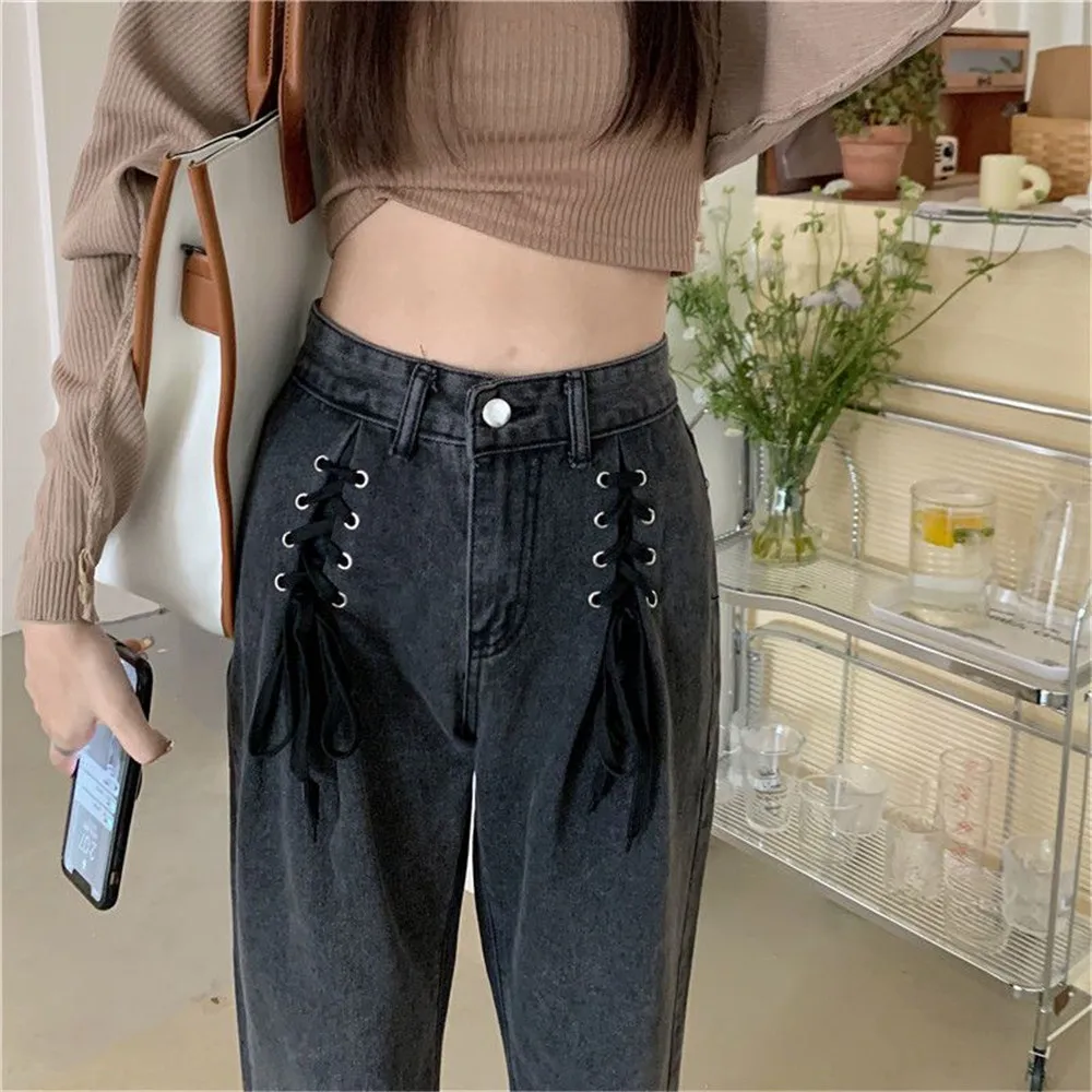 Y 2K Bandage Jeans Dames Casual Broek Met Wijde Pijpen Vintage Streetwear-Mode Lange Lange Ulzzang Denim Broek Met Hoge Taille