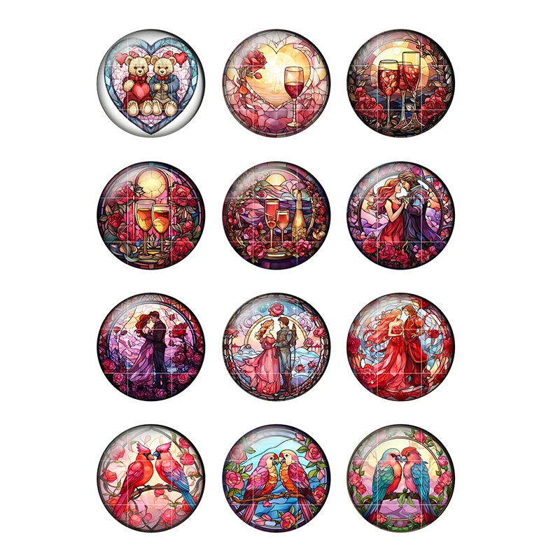 24pcs Romantic Valentine\'s Day Gift Rose Love Pattern 8mm To 25mm Round Photo Glass Cabochon Demo Flat Back Making Findings H330