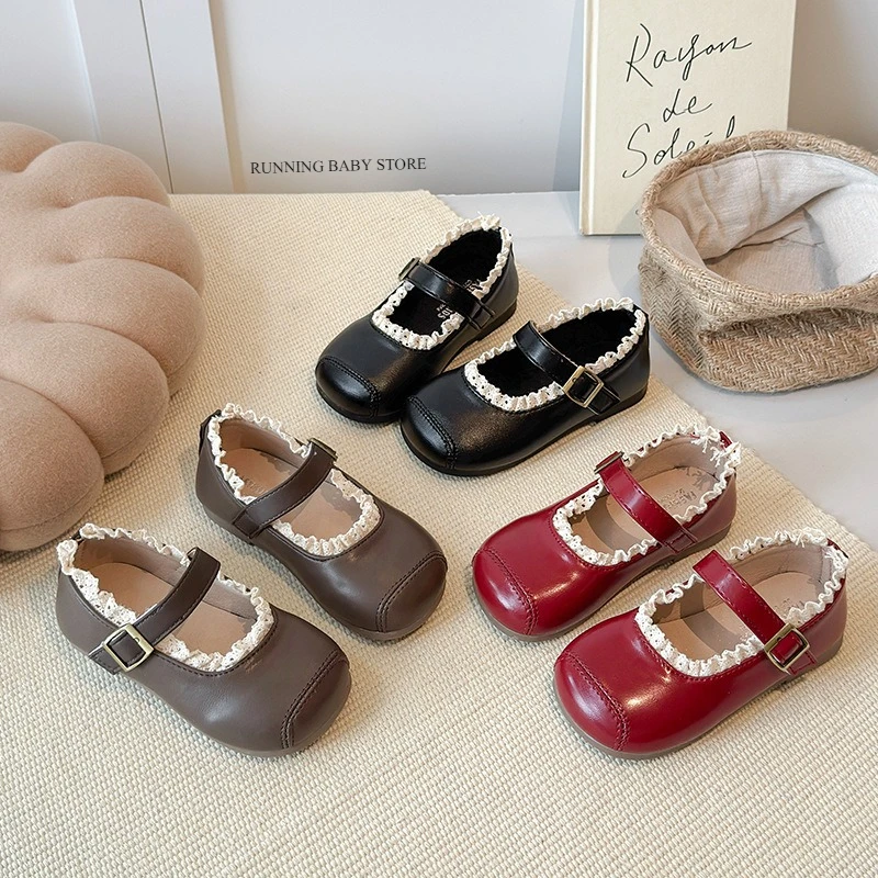 2026 Trend Square Toe Children Shoes Princess Pure Color Shallow Ruffles Lace-Trimmed Walking Shoes Girl School Vacation Shoes