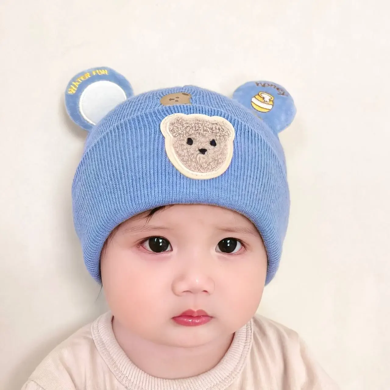 Wnter Gorro cálido para bebé, gorro tejido con orejas de oso para niño y niña, gorros tipo jersey con estampado de dibujos animados para niños